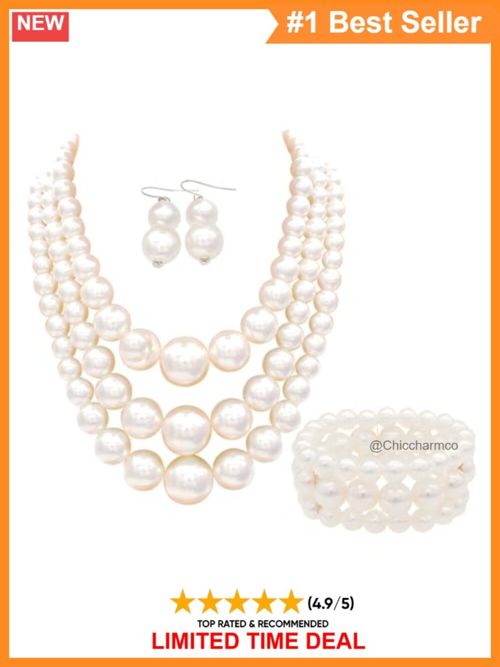 Big Chunky Faux Pearl Necklace & Earrings Set 1920s Gatsby Costume Jewelry